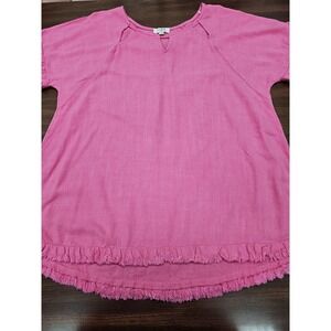Umgee Hot Pink Short Sleeve Top with Fringed Hem